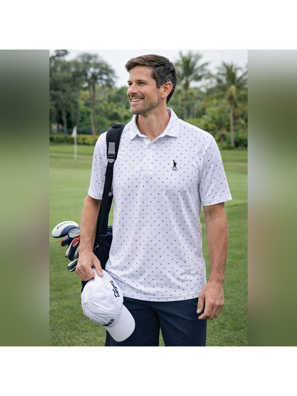 Turtleson Men’s Performance Polo Shirt Polka Dot White Blue Size Large New